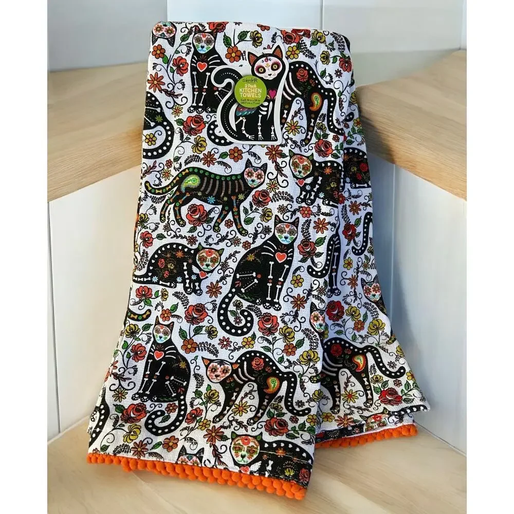 NEW Dia de Los Muertos Skeleton Sugar Skull Cat Kitten Kitchen Towel Set